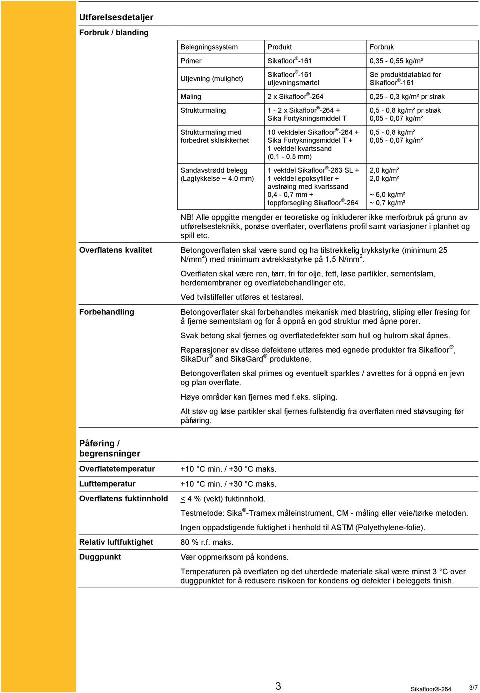 0 mm) 10 vektdeler Sikafloor -264 + Sika Fortykningsmiddel T + 1 vektdel kvartssand (0,1-0,5 mm) 1 vektdel Sikafloor -263 SL + 1 vektdel epoksyfiller + avstrøing med kvartssand 0,4-0,7 mm +