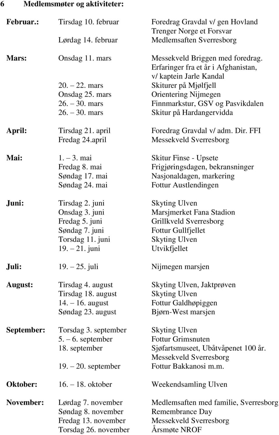 mars Finnmarkstur, GSV og Pasvikdalen 26. 30. mars Skitur på Hardangervidda April: Tirsdag 21. april Foredrag Gravdal v/ adm. Dir. FFI Fredag 24.april Messekveld Sverresborg Mai: 1. 3. mai Skitur Finse - Upsete Fredag 8.