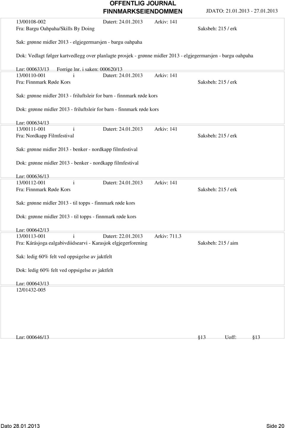 2013 Arkiv: 141 Fra: Bargu Oahpaha/Skills By Doing Sak: grønne midler 2013 - elgjegermarsjen - bargu oahpaha Dok: Vedlagt følger kartvedlegg over planlagte prosjek - grønne midler 2013 -