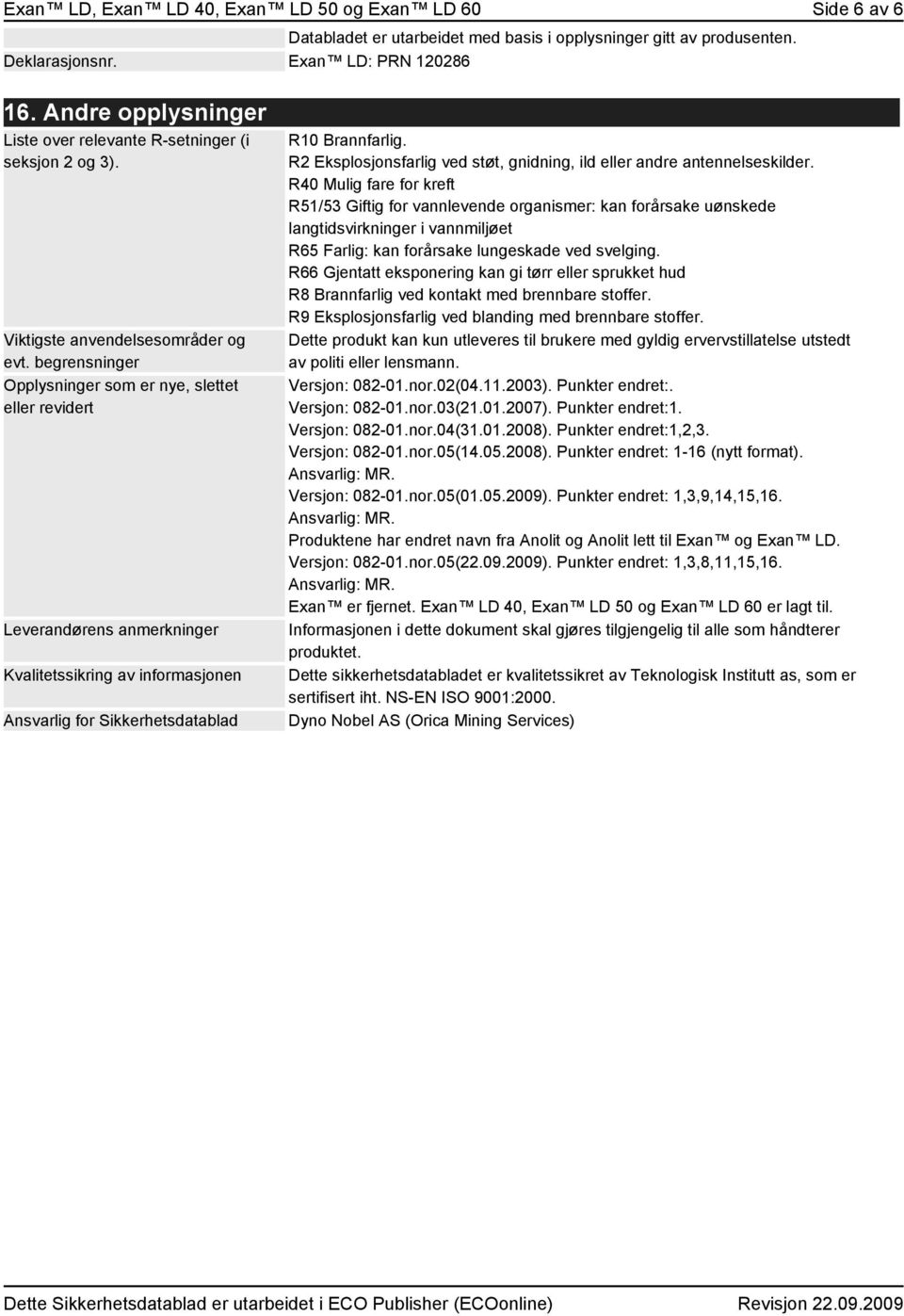 begrensninger Opplysninger som er nye, slettet eller revidert Leverandørens anmerkninger Kvalitetssikring av informasjonen Ansvarlig for Sikkerhetsdatablad R10 Brannfarlig.