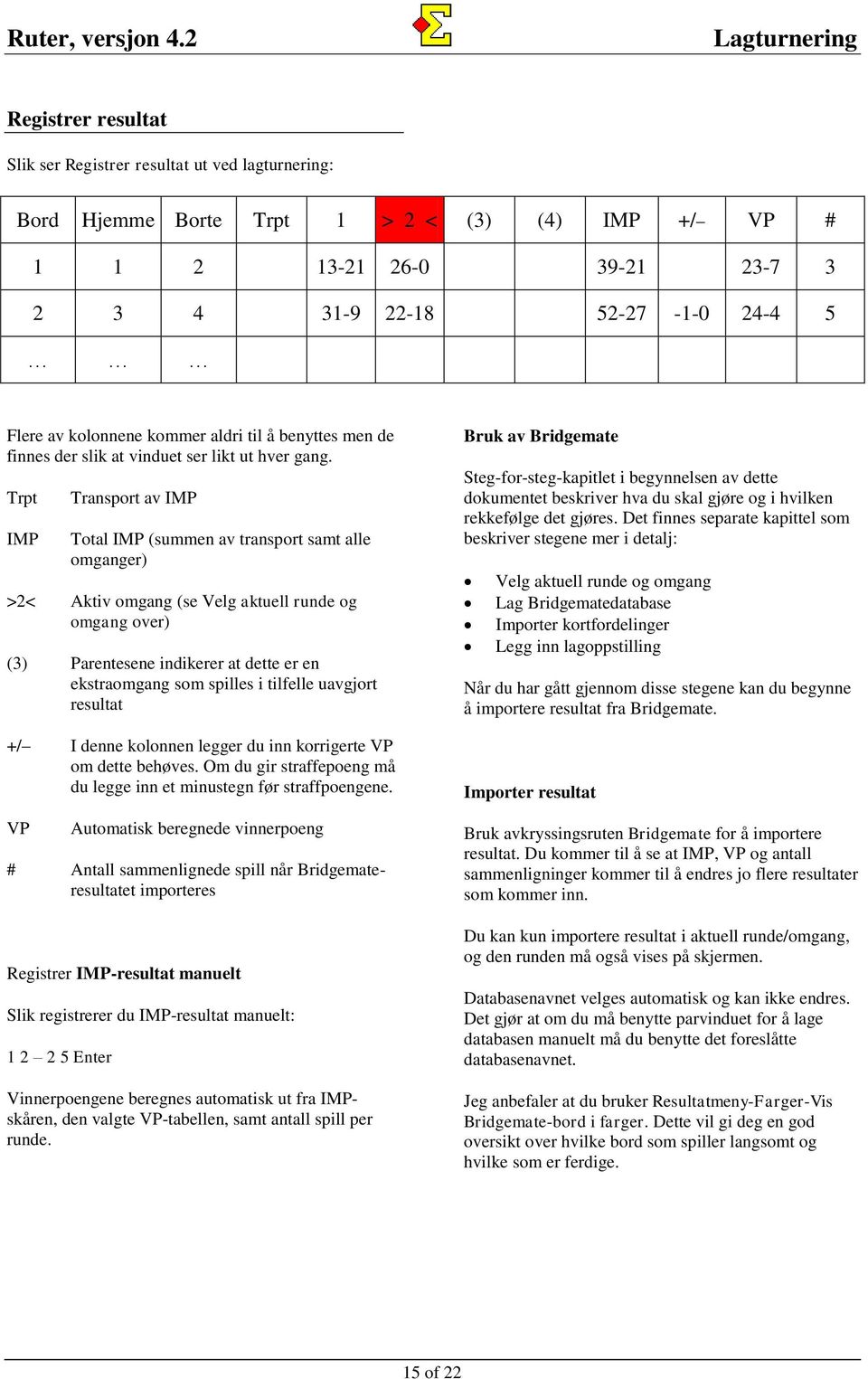 Trpt IMP Transport av IMP Total IMP (summen av transport samt alle omganger) >2< Aktiv omgang (se Velg aktuell runde og omgang over) (3) entesene indikerer at dette er en ekstraomgang som spilles i