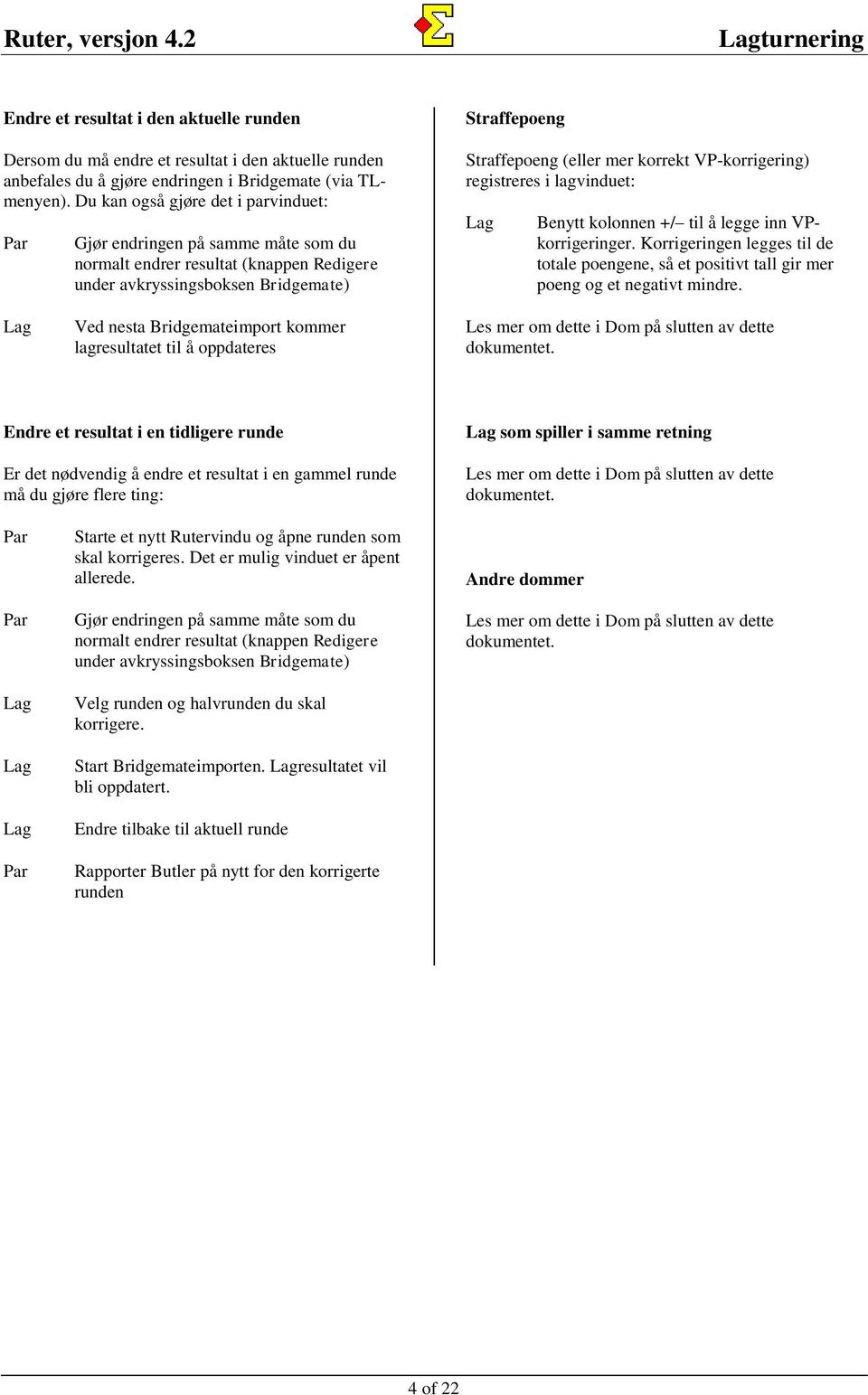 VP-korrigering) registreres i lagvinduet: Benytt kolonnen +/ til å legge inn VPkorrigeringer. Korrigeringen legges til de totale poengene, så et positivt tall gir mer poeng og et negativt mindre.