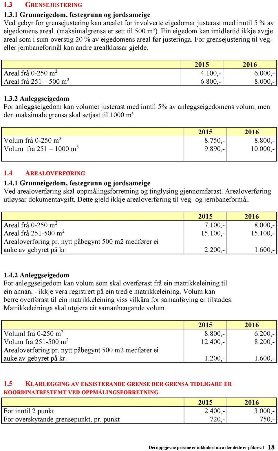 For grensejustering til vegeller jernbaneformål kan andre arealklassar gjelde. Areal frå 0-250 m 2 4.100,- 6.000,- Areal frå 251 500 m 2 6.800,- 8.000,- 1.3.