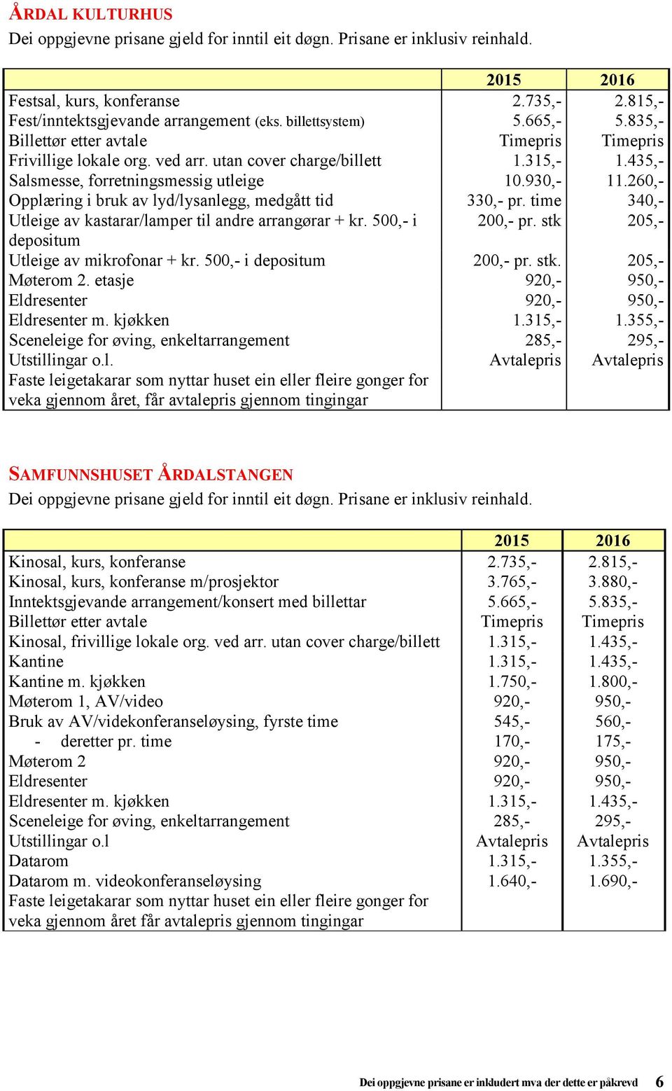 260,- Opplæring i bruk av lyd/lysanlegg, medgått tid 330,- pr. time 340,- Utleige av kastarar/lamper til andre arrangørar + kr. 500,- i 200,- pr. stk 205,- depositum Utleige av mikrofonar + kr.