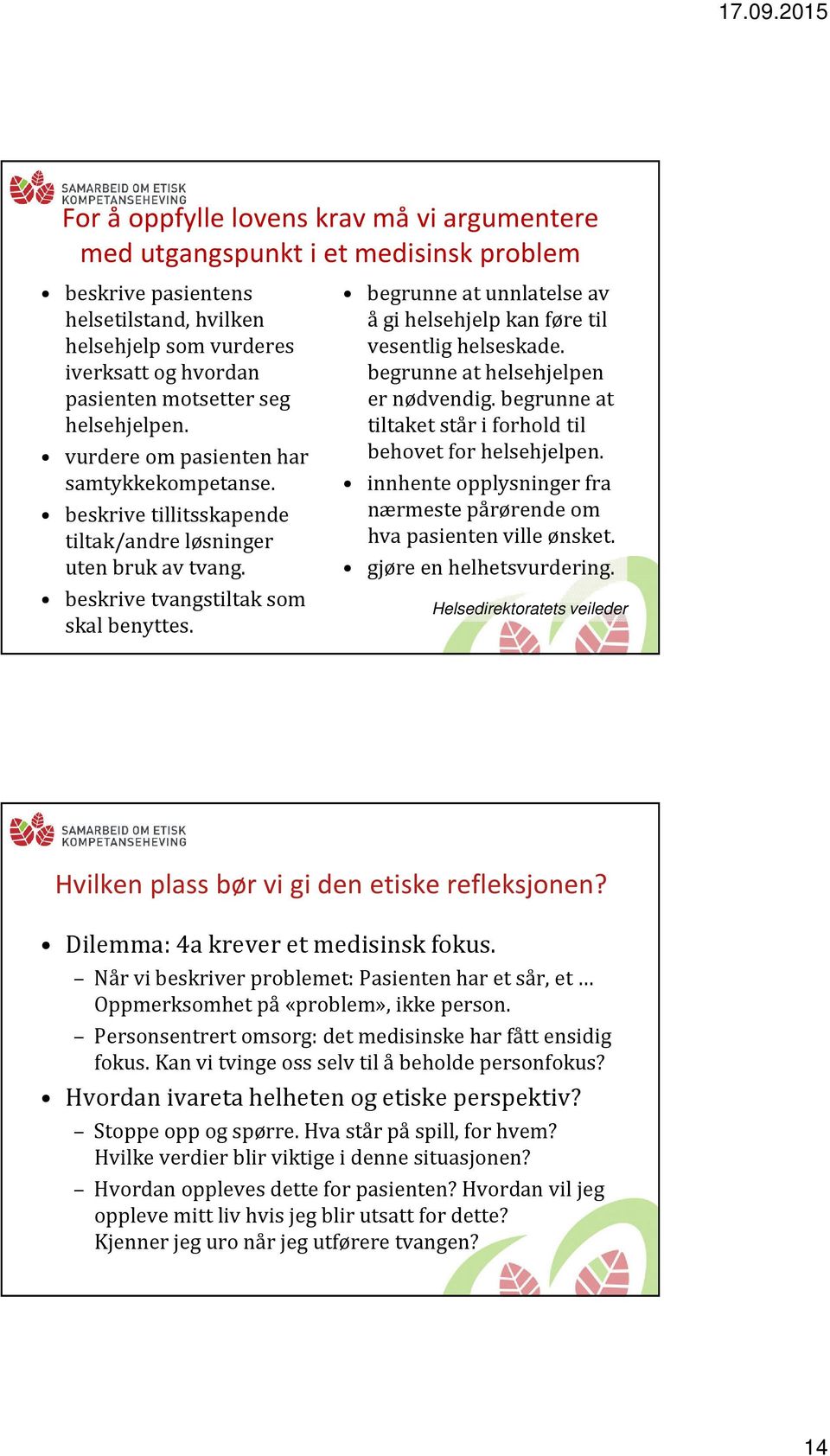 begrunne at unnlatelse av å gi helsehjelp kan føre til vesentlig helseskade. begrunne at helsehjelpen er nødvendig. begrunne at tiltaket står i forhold til behovet for helsehjelpen.