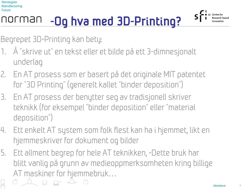 En AT prosess der benytter seg av tradisjonell skriver teknikk (for eksempel "binder deposition" eller "material deposition") 4.