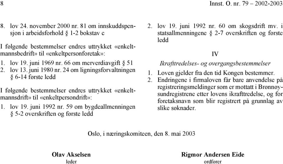 lov 13. juni 1980 nr. 24 om ligningsforvaltningen 6-14 første I følgende bestemmelser endres uttrykket «enkeltmannsdrift» til «enkeltpersondrift»: 1. lov 19. juni 1992 nr.