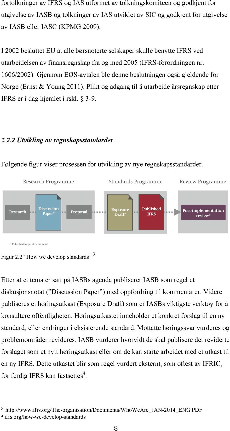 Gjennom EØS-avtalen ble denne beslutningen også gjeldende for Norge (Ernst & Young 2011). Plikt og adgang til å utarbeide årsregnskap etter IFRS er i dag hjemlet i rskl. 3-9. 2.2.2 Utvikling av regnskapsstandarder Følgende figur viser prosessen for utvikling av nye regnskapsstandarder.