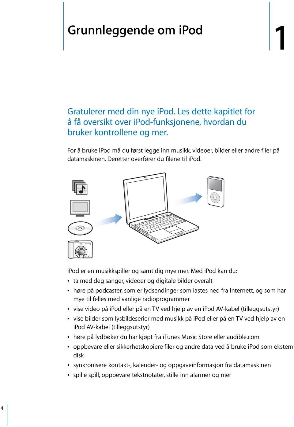 Med ipod kan du: Â ta med deg sanger, videoer og digitale bilder overalt Â høre på podcaster, som er lydsendinger som lastes ned fra Internett, og som har mye til felles med vanlige radioprogrammer Â