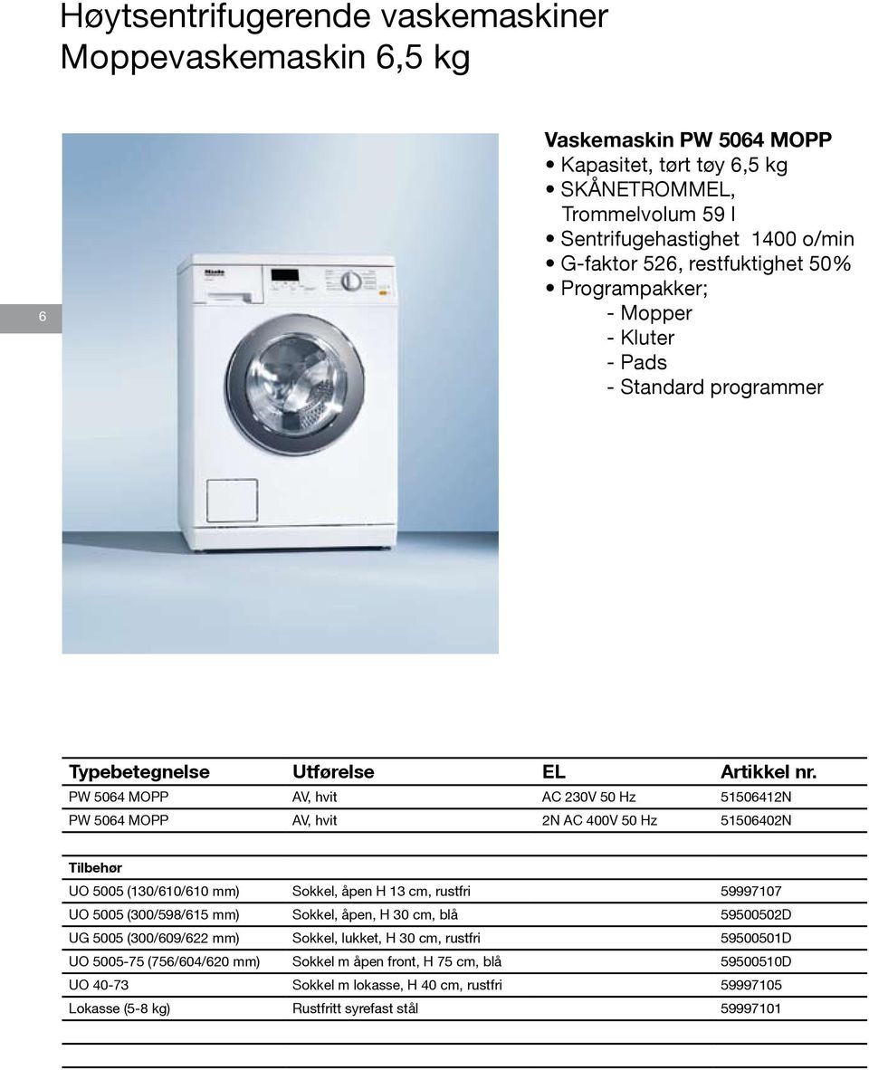 PW 5064 MOPP AV, hvit AC 230V 50 Hz 51506412N PW 5064 MOPP AV, hvit 2N AC 400V 50 Hz 51506402N Tilbehør UO 5005 (130/610/610 mm) Sokkel, åpen H 13 cm, rustfri 59997107 UO 5005 (300/598/615 mm)