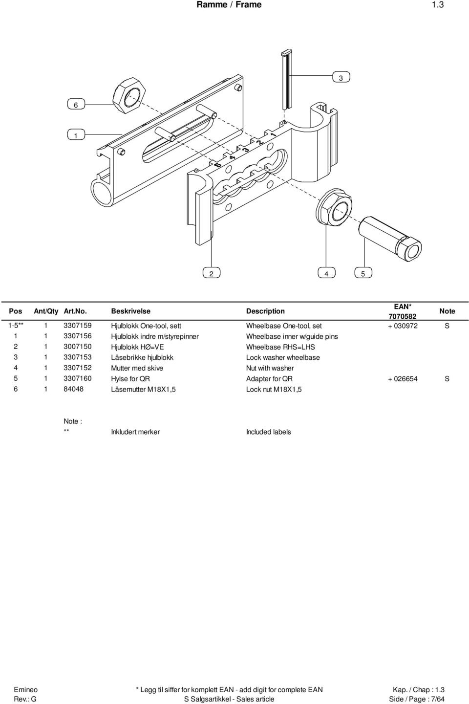 Wheelbase inner w/guide pins 00750 Hjulblokk HØ=VE Wheelbase RHS=LHS 075 Låsebrikke hjulblokk Lock washer