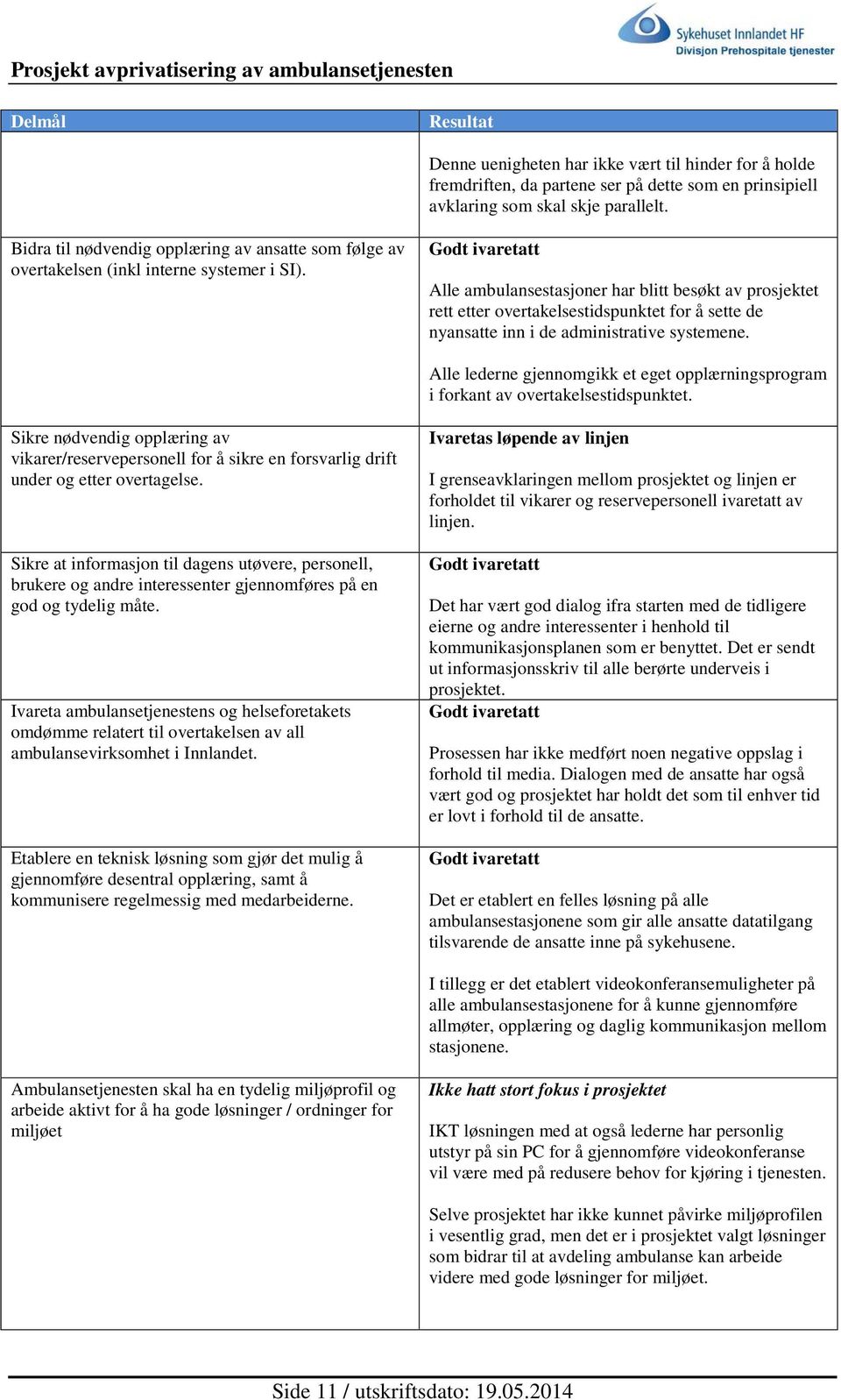 Alle ambulansestasjoner har blitt besøkt av prosjektet rett etter overtakelsestidspunktet for å sette de nyansatte inn i de administrative systemene.