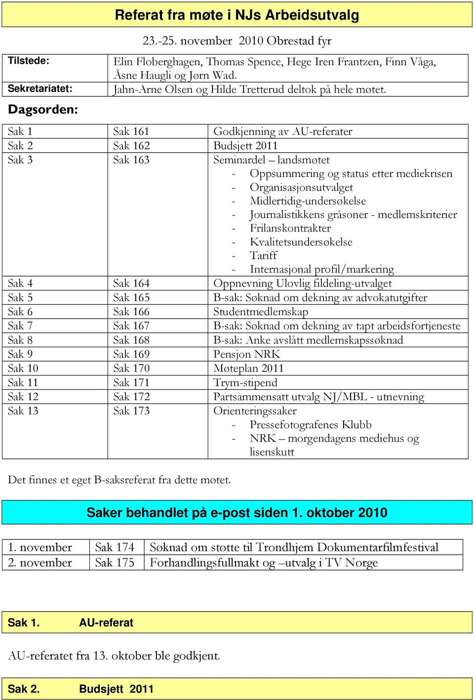 Sak 1 Sak 161 Godkjenning av AU-referater Sak 2 Sak 162 Budsjett 2011 Sak 3 Sak 163 Seminardel landsmøtet - Oppsummering og status etter mediekrisen - Organisasjonsutvalget - Midlertidig-undersøkelse