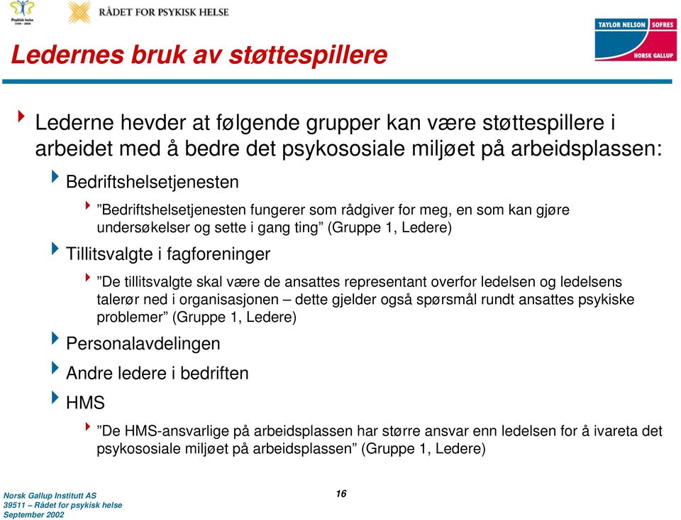 være de ansattes representant overfor ledelsen og ledelsens talerør ned i organisasjonen dette gjelder også spørsmål rundt ansattes psykiske problemer (Gruppe 1, Ledere)