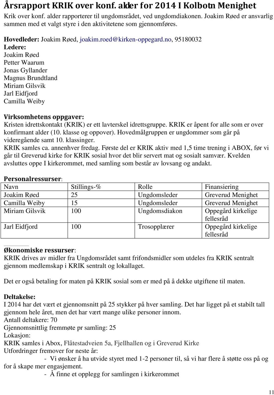 no, 95180032 Ledere: Joakim Røed Petter Waarum Jonas Gyllander Magnus Brundtland Miriam Gilsvik Jarl Eidfjord Camilla Weiby Virksomhetens oppgaver: Kristen idrettskontakt (KRIK) er ett lavterskel