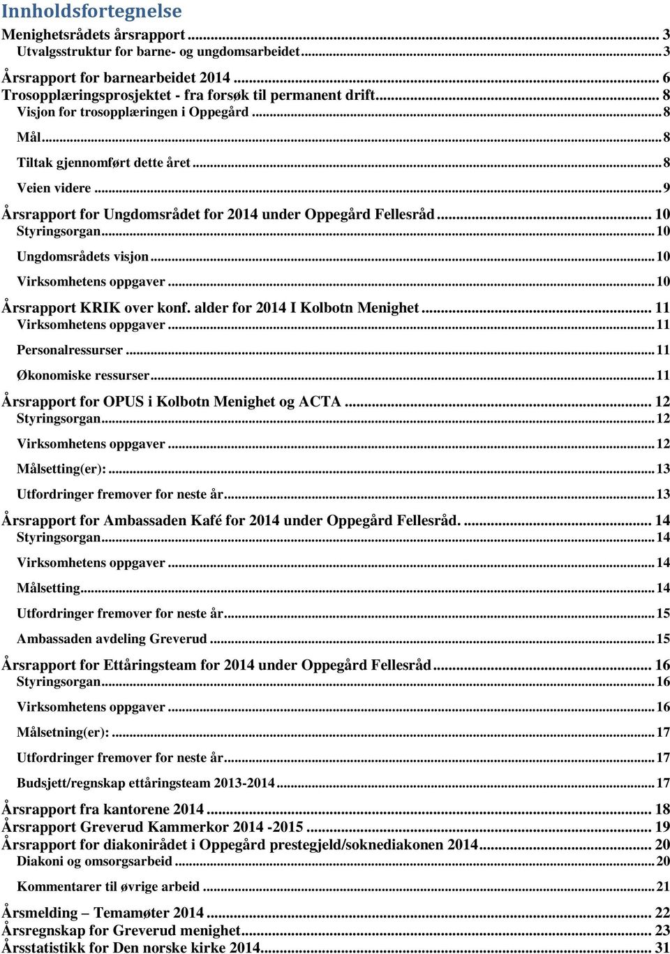 .. 10 Ungdomsrådets visjon... 10 Virksomhetens oppgaver... 10 Årsrapport KRIK over konf. alder for 2014 I Kolbotn Menighet... 11 Virksomhetens oppgaver... 11 Personalressurser.