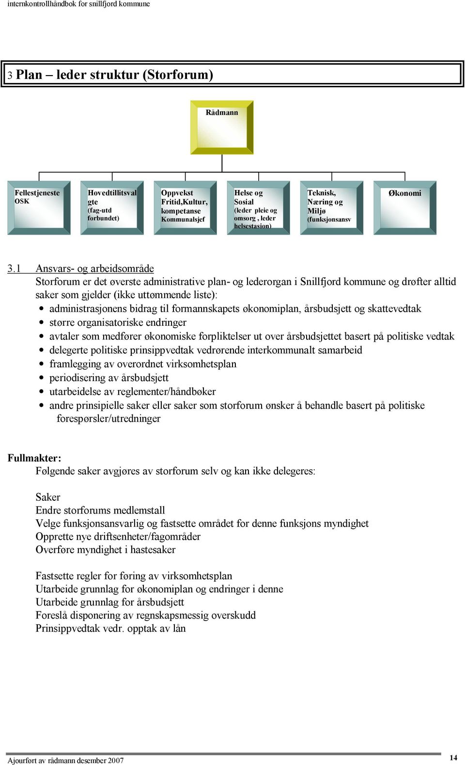 1 Ansvars- og arbeidsområde Storforum er det øverste administrative plan- og lederorgan i Snillfjord kommune og drøfter alltid saker som gjelder (ikke uttømmende liste): administrasjonens bidrag til