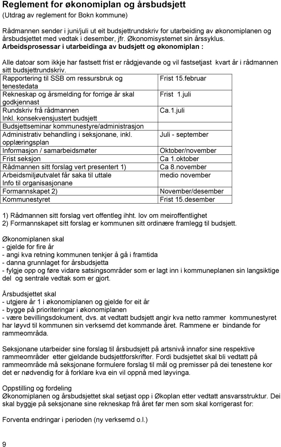 Arbeidsprosessar i utarbeidinga av budsjett og økonomiplan : Alle datoar som ikkje har fastsett frist er rådgjevande og vil fastsetjast kvart år i rådmannen sitt budsjettrundskriv.