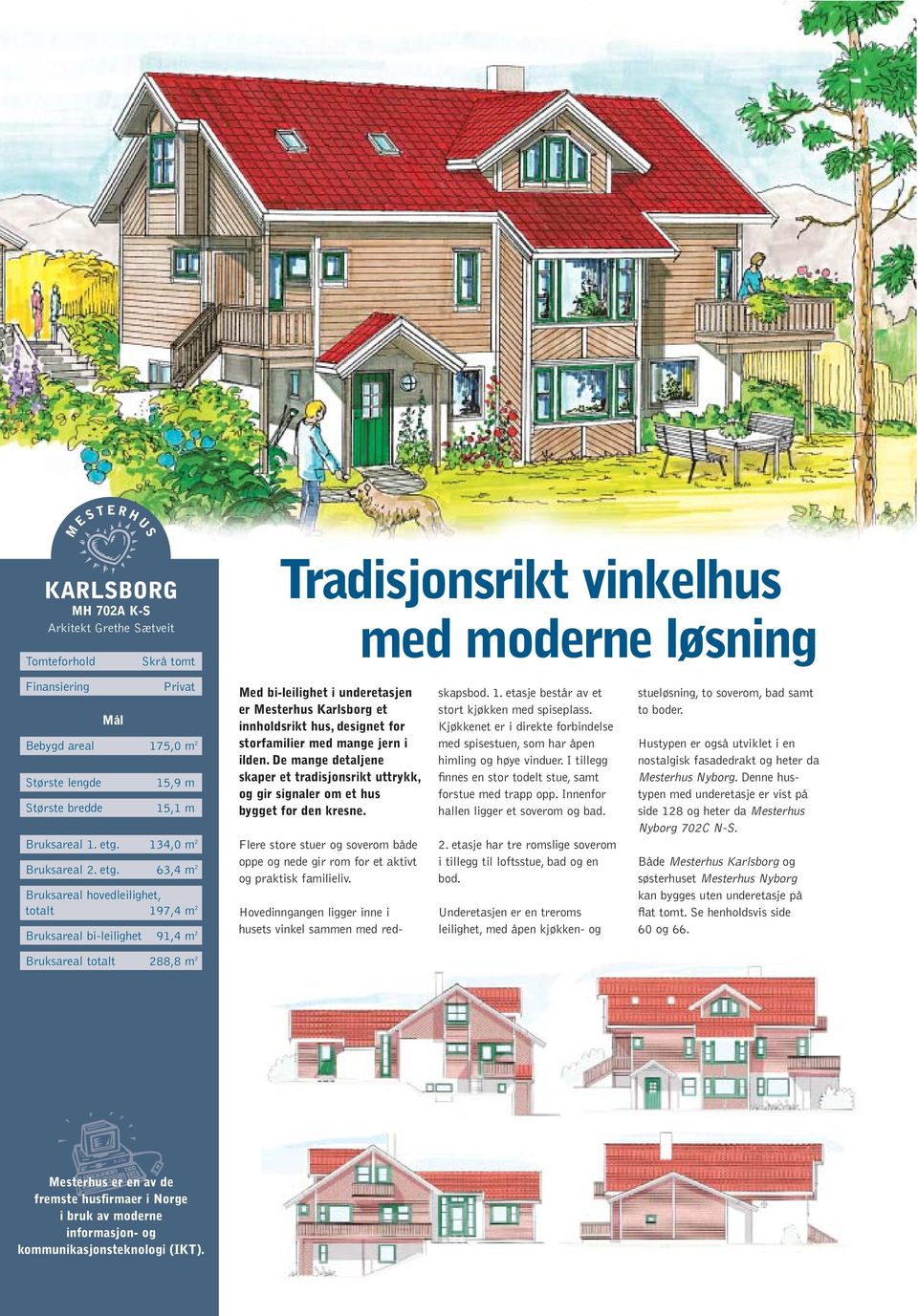 63,4 m 2 Bruksareal hovedleilighet, totalt 197,4 m 2 Bruksareal bi-leilighet 91,4 m 2 Tradisjonsrikt vinkelhus med moderne løsning Med bi-leilighet i underetasjen er Mesterhus Karlsborg et