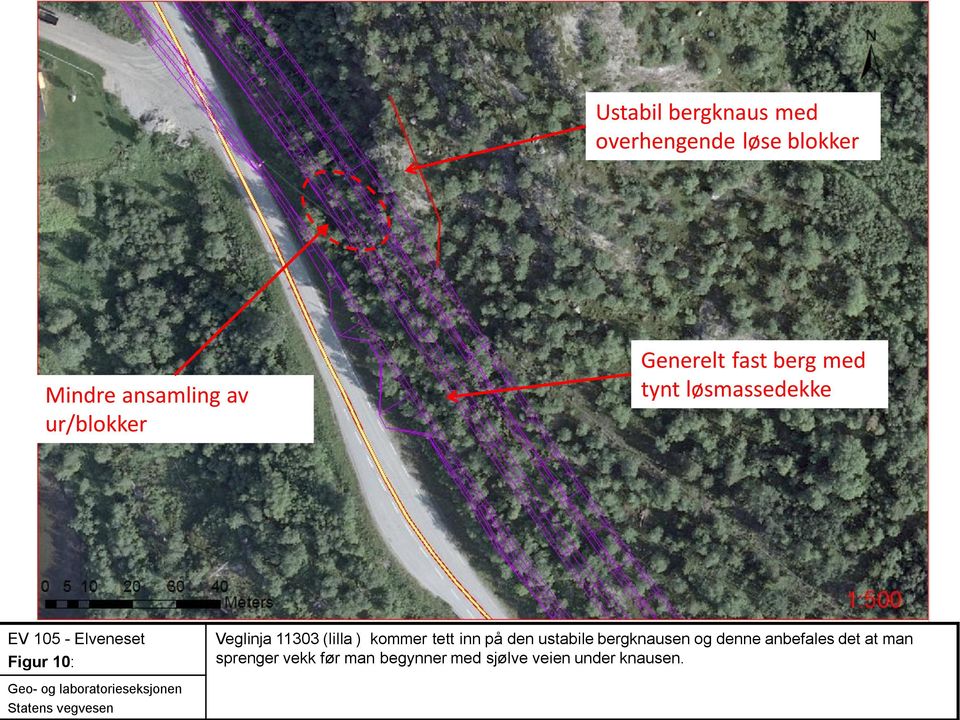 10: Veglinja 11303 (lilla ) kommer tett inn på den ustabile bergknausen og