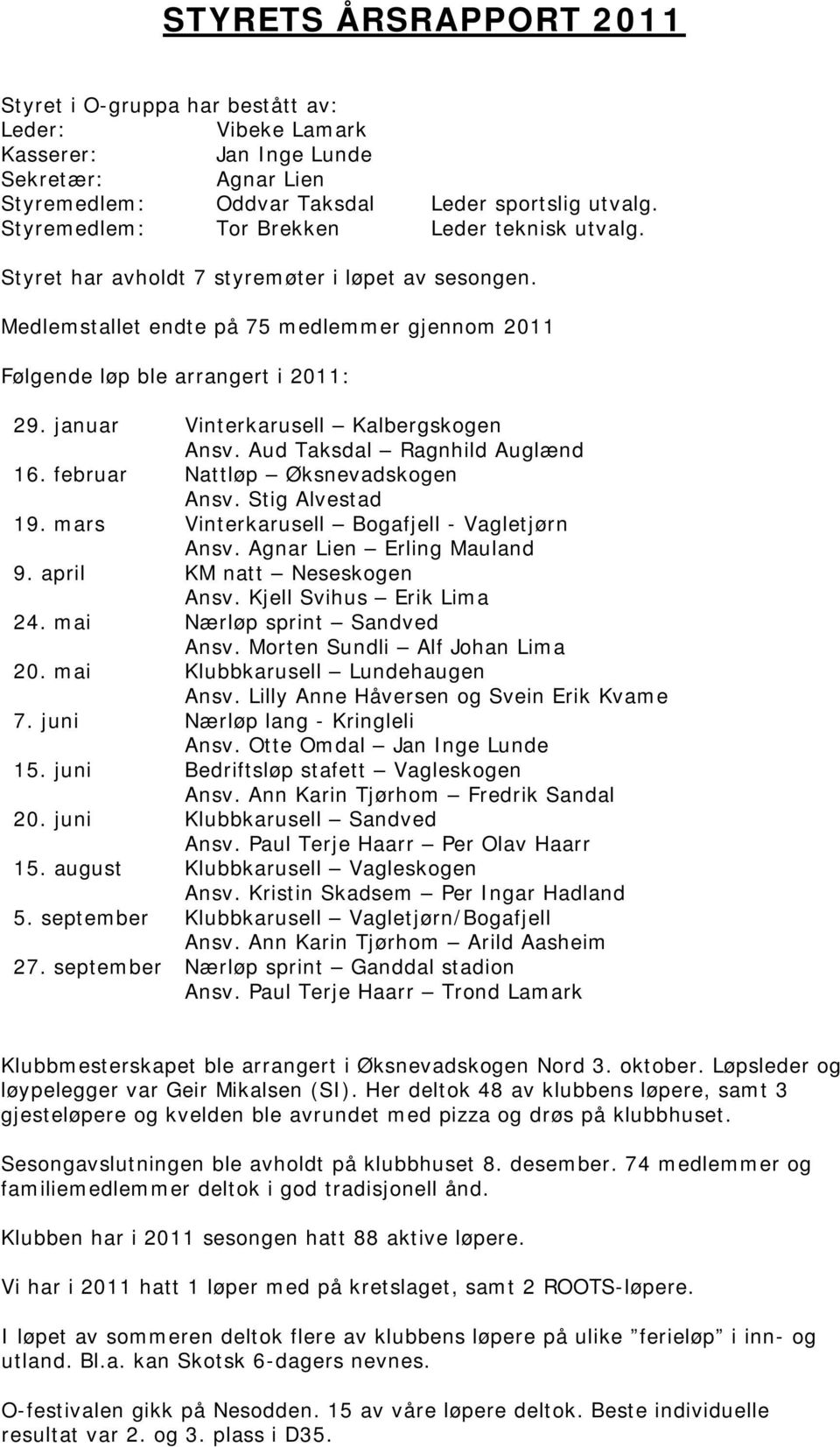 januar Vinterkarusell Kalbergskogen Ansv. Aud Taksdal Ragnhild Auglænd 16. februar Nattløp Øksnevadskogen Ansv. Stig Alvestad 19. mars Vinterkarusell Bogafjell - Vagletjørn Ansv.