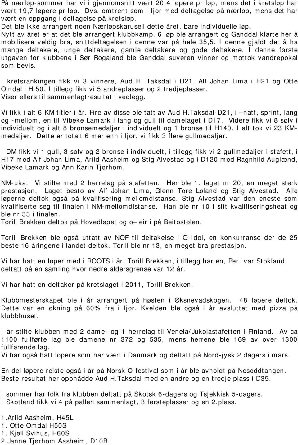 Nytt av året er at det ble arrangert klubbkamp. 6 løp ble arrangert og Ganddal klarte her å mobilisere veldig bra, snittdeltagelsen i denne var på hele 35,5.