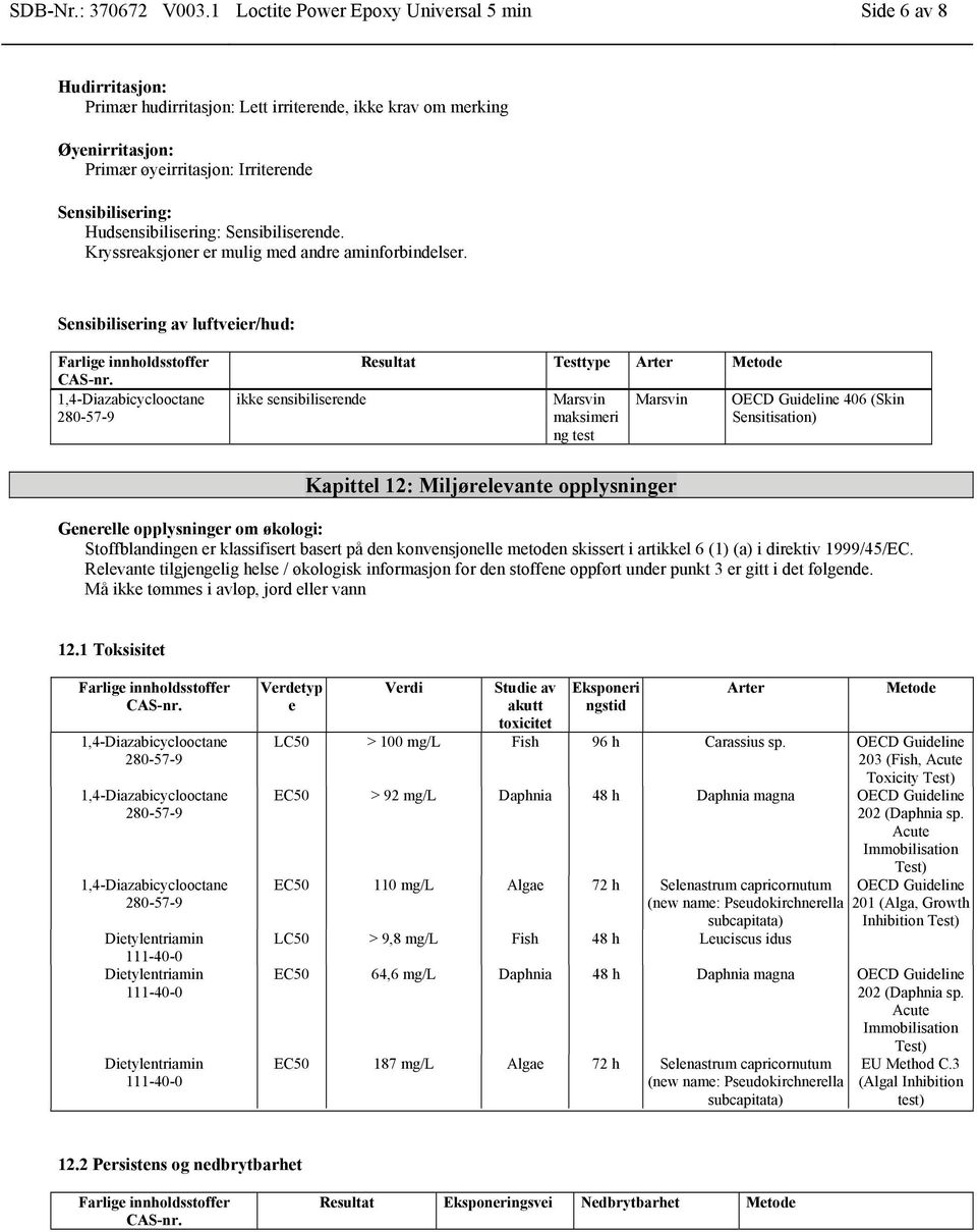 Hudsensibilisering: Sensibiliserende. Kryssreaksjoner er mulig med andre aminforbindelser. Sensibilisering av luftveier/hud: Farlige innholdsstoffer CAS-nr.