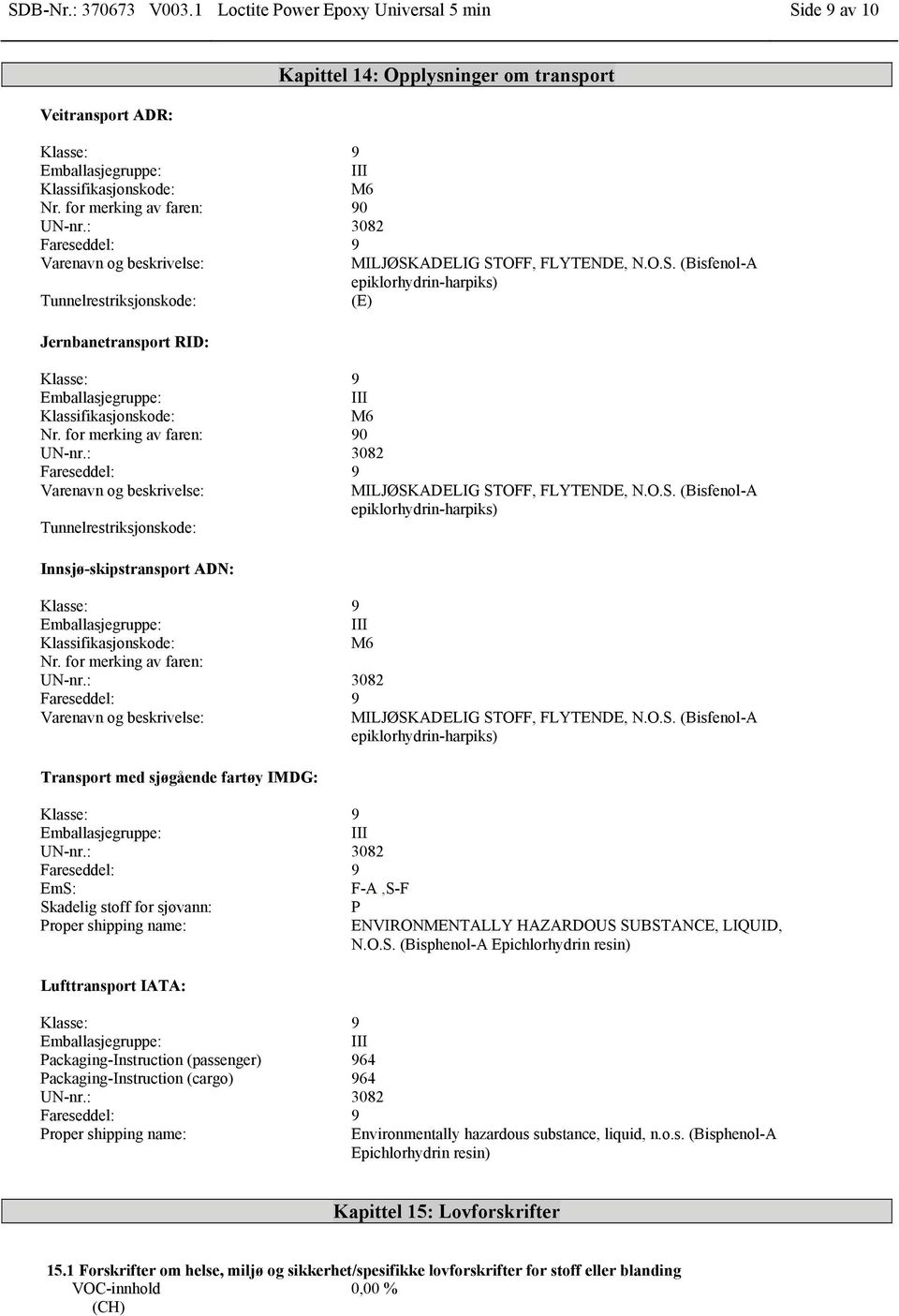 ADELIG STOFF, FLYTENDE, N.O.S. (Bisfenol-A epiklorhydrin-harpiks) Tunnelrestriksjonskode: (E) Jernbanetransport RID: Klasse: 9 Emballasjegruppe: III Klassifikasjonskode: M6 Nr.