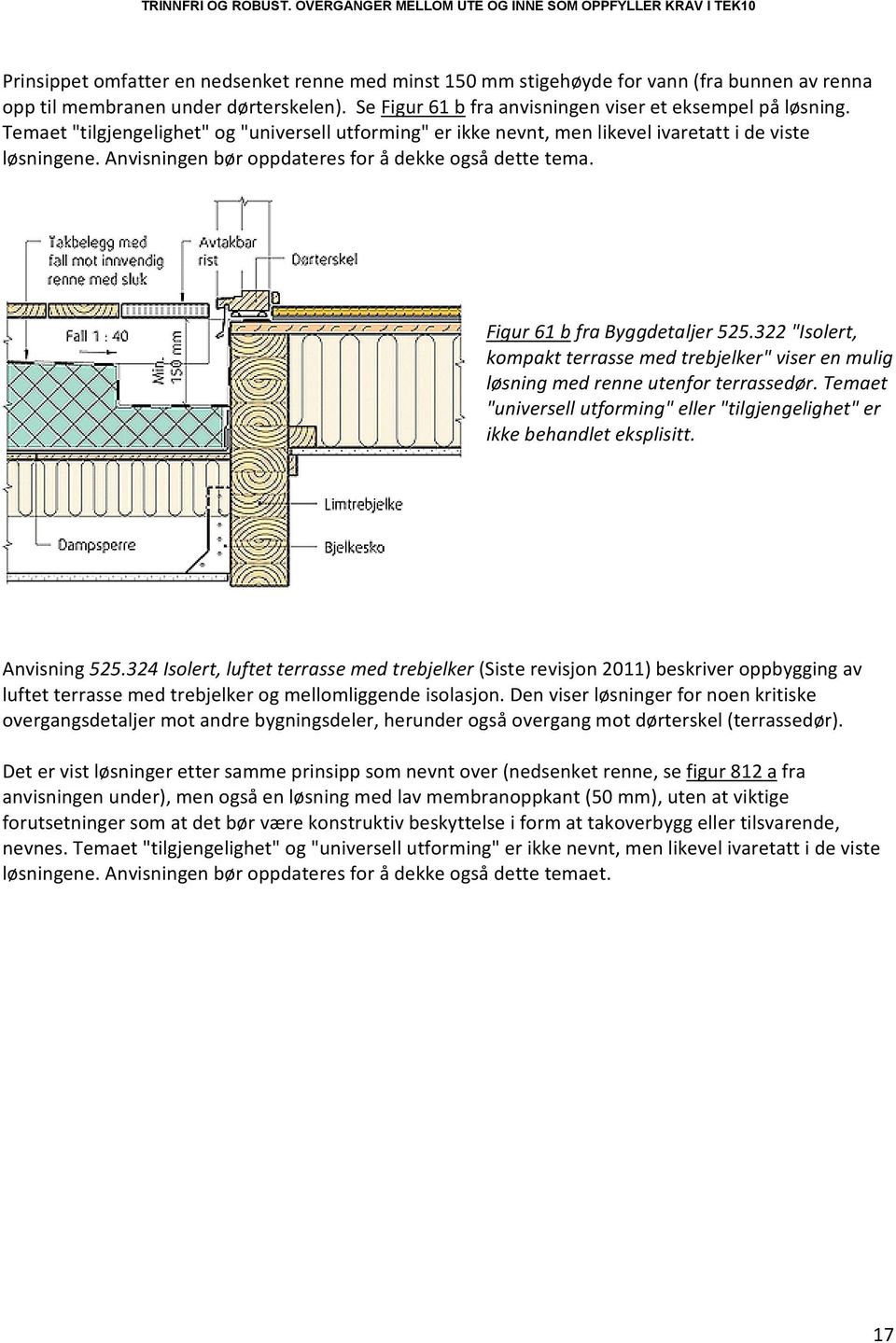 322 "Isolert, kompakt terrasse med trebjelker" viser en mulig løsning med renne utenfor terrassedør. Temaet "universell utforming" eller "tilgjengelighet" er ikke behandlet eksplisitt. Anvisning 525.