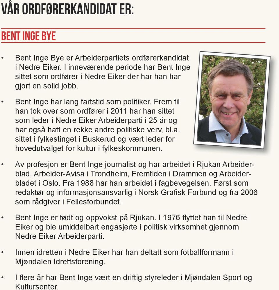 Frem til han tok over som ordfører i 2011 har han sittet som leder i Nedre Eiker Arbeiderparti i 25 år og har også hatt en rekke andre politiske verv, bl.a. sittet i fylkestinget i Buskerud og vært leder for hoved utvalget for kultur i fylkeskommunen.