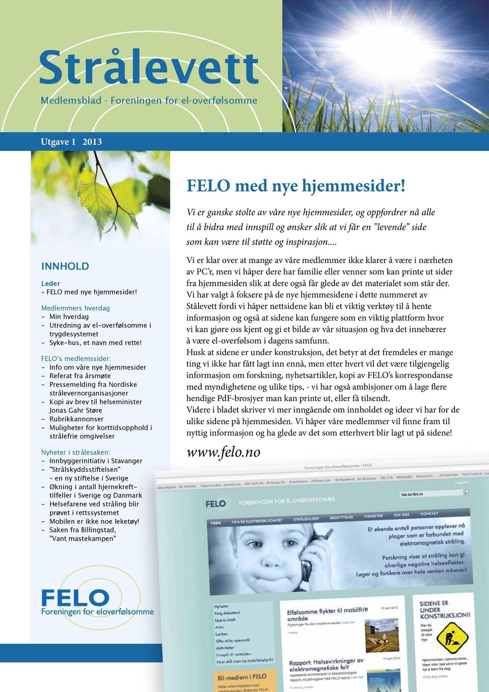 .. INNHOLD Leder FELO med nye hjemmesider! Medlemmers hverdag - Min hverdag - Utredning av el-overfølsomme i trygdesystemet - Syke-hus, et navn med rette!