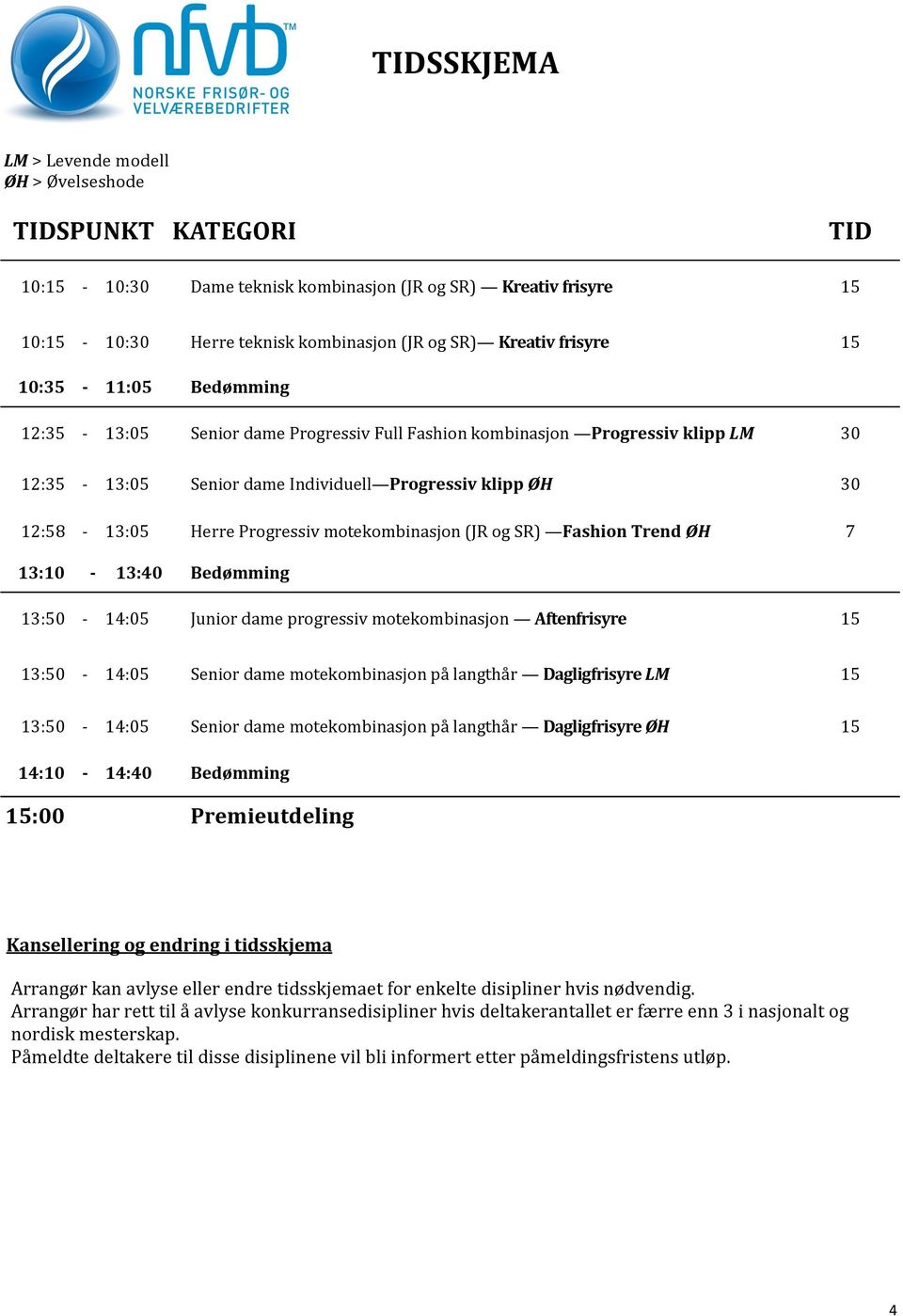 Progressiv motekombinasjon (JR og SR) Fashion Trend ØH 7 13:10-13:40 Bedømming 13:50-14:05 Junior dame progressiv motekombinasjon Aftenfrisyre 15 13:50-14:05 Senior dame motekombinasjon pa langtha r