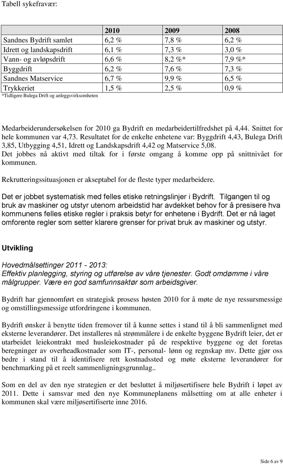 Snittet for hele kommunen var 4,73. Resultatet for de enkelte enhetene var: Byggdrift 4,43, Bulega Drift 3,85, Utbygging 4,51, Idrett og Landskapsdrift 4,42 og Matservice 5,08.