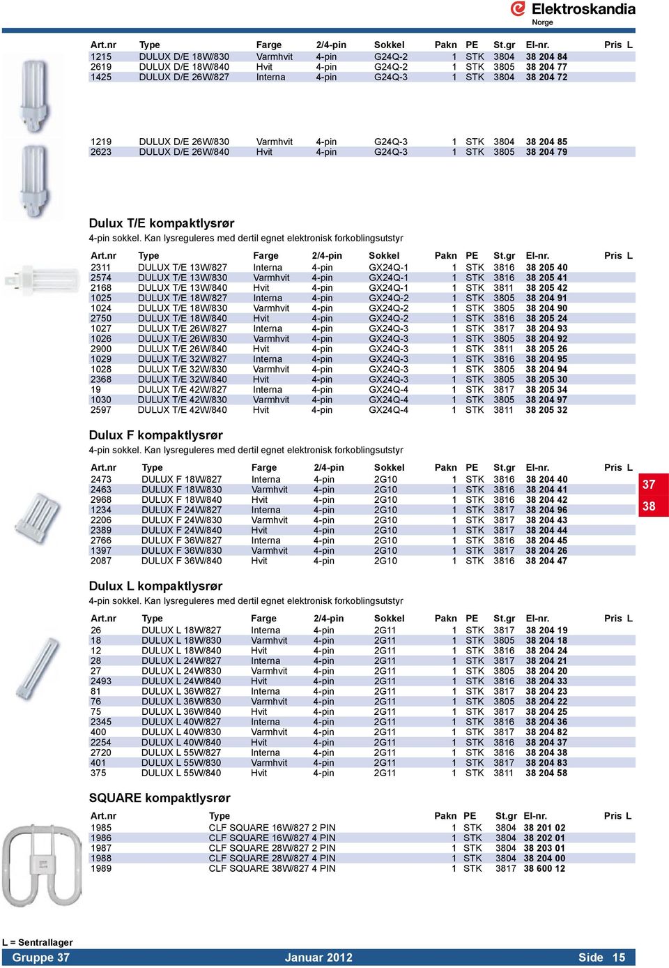 1219 DULUX D/E 26W/830 Varmhvit 4-pin G24Q-3 1 STK 3804 38 204 85 2623 DULUX D/E 26W/840 Hvit 4-pin G24Q-3 1 STK 3805 38 204 79 Dulux T/E kompaktlysrør 4-pin sokkel.