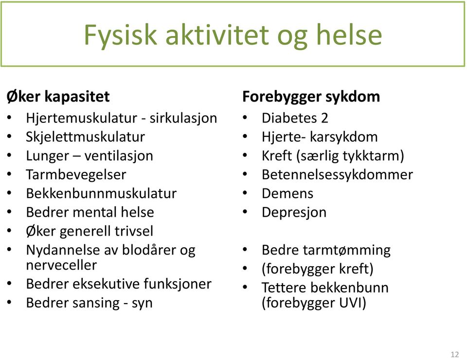 nerveceller Bedrer eksekutive funksjoner Bedrer sansing - syn Forebygger sykdom Diabetes 2 Hjerte- karsykdom Kreft