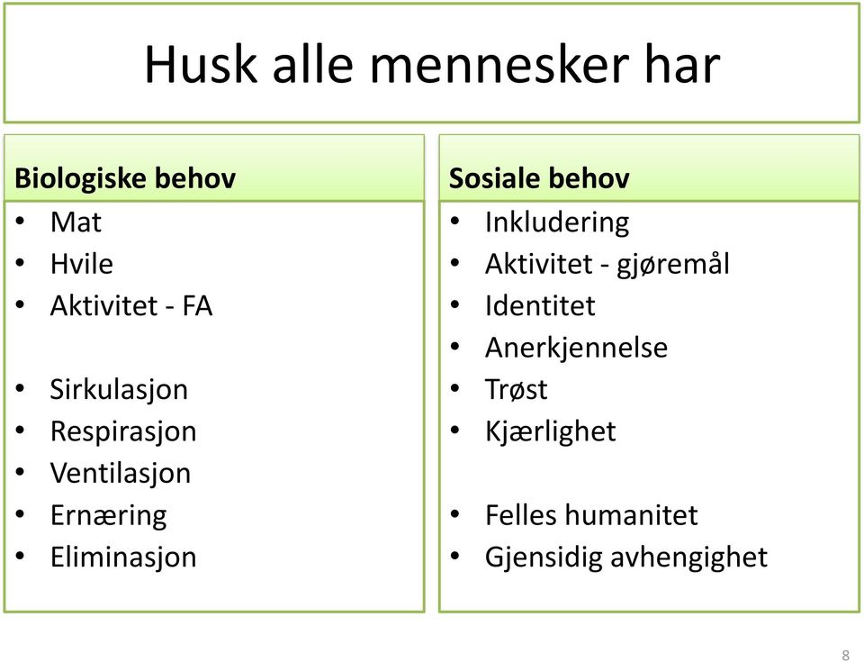 Sosiale behov Inkludering Aktivitet - gjøremål Identitet