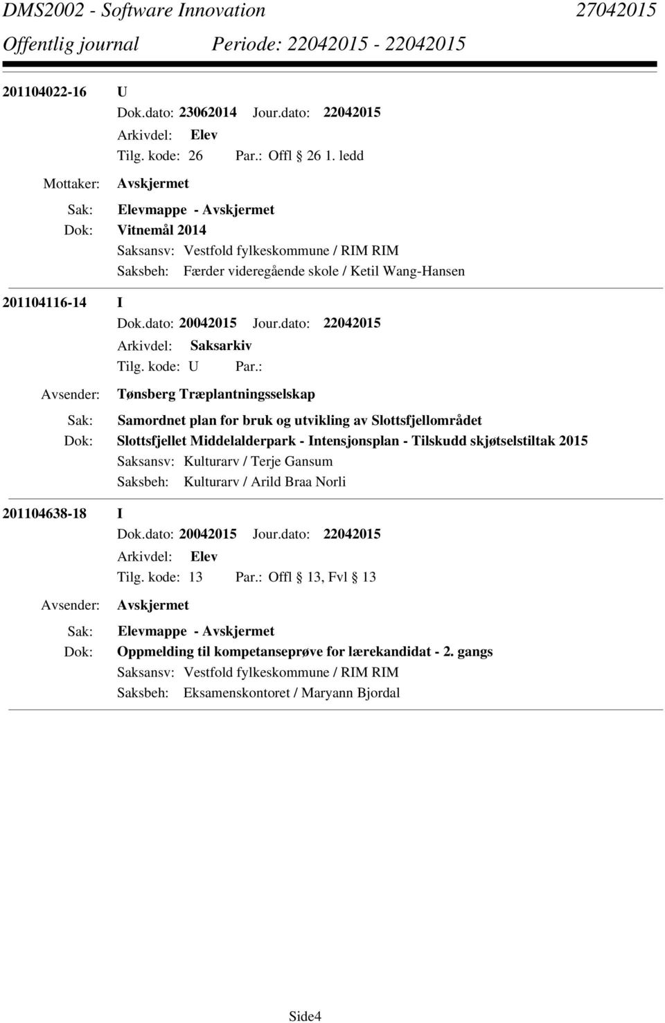 Slottsfjellet Middelalderpark - Intensjonsplan - Tilskudd skjøtselstiltak 2015 Saksansv: Kulturarv / Terje Gansum Saksbeh: