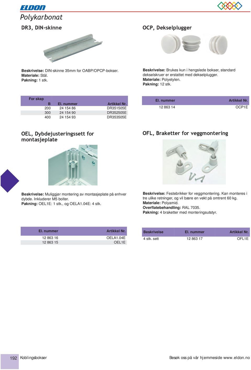 B 200 24 154 86 DR351505E 300 24 154 90 DR352505E 400 24 154 93 DR353505E 12 863 14 OCP1E OEL, Dybdejusteringssett for montasjeplate OFL, Braketter for veggmontering Beskrivelse: Muliggjør montering