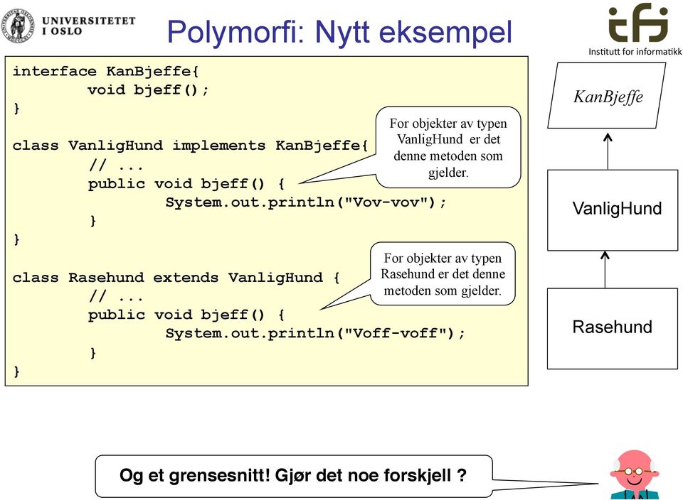 println("Vov-vov"); For objekter av typen class Rasehund extends VanligHund { Rasehund er det denne //.