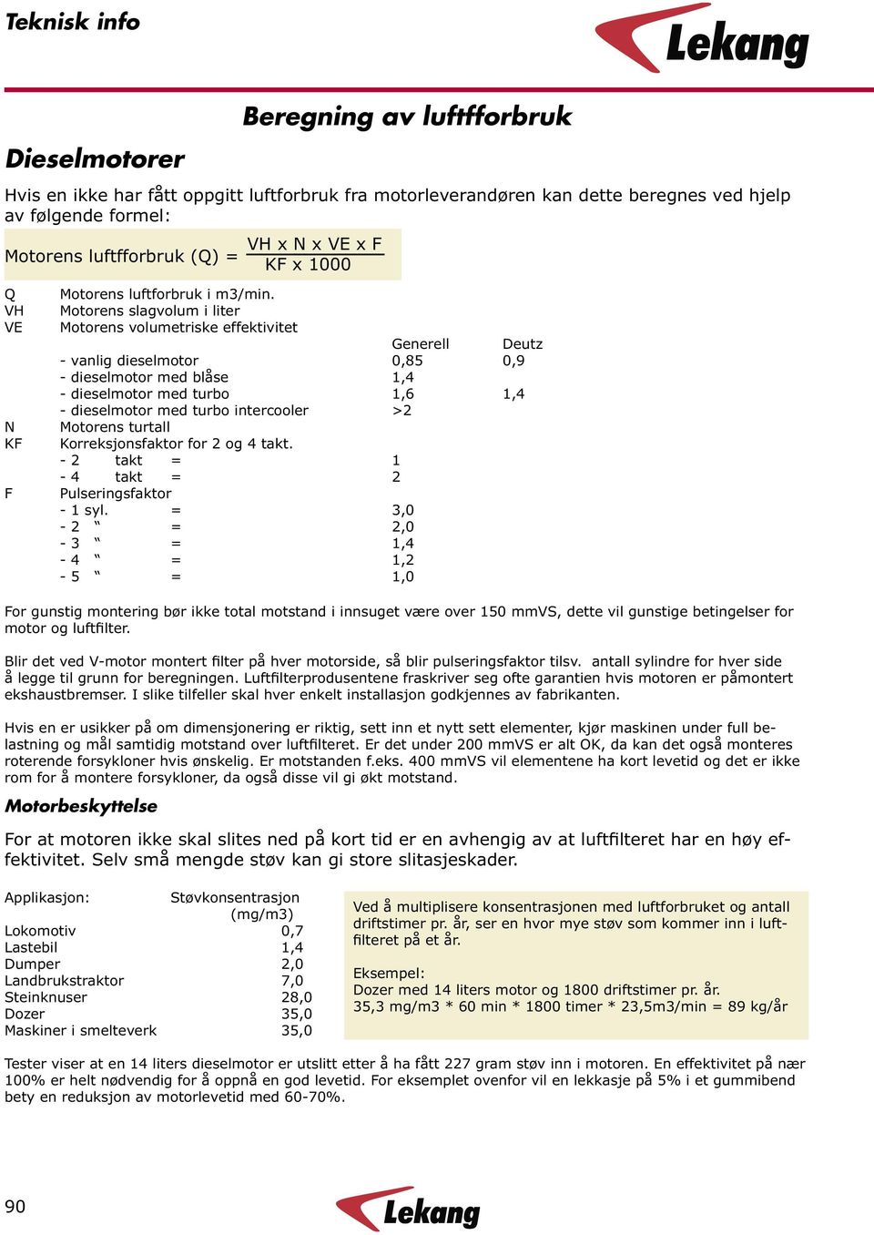Motorens slagvolum i liter Motorens volumetriske effektivitet Generell Deutz - vanlig dieselmotor 0,85 0,9 - dieselmotor med blåse 1,4 - dieselmotor med turbo 1,6 1,4 - dieselmotor med turbo