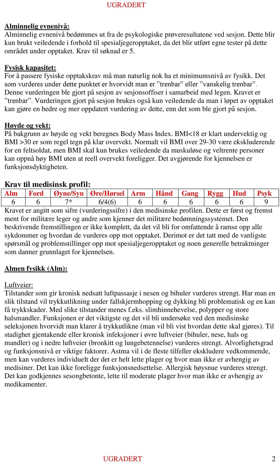 Fysisk kapasitet: For å passere fysiske opptakskrav må man naturlig nok ha et minimumsnivå av fysikk. Det som vurderes under dette punktet er hvorvidt man er trenbar eller vanskelig trenbar.