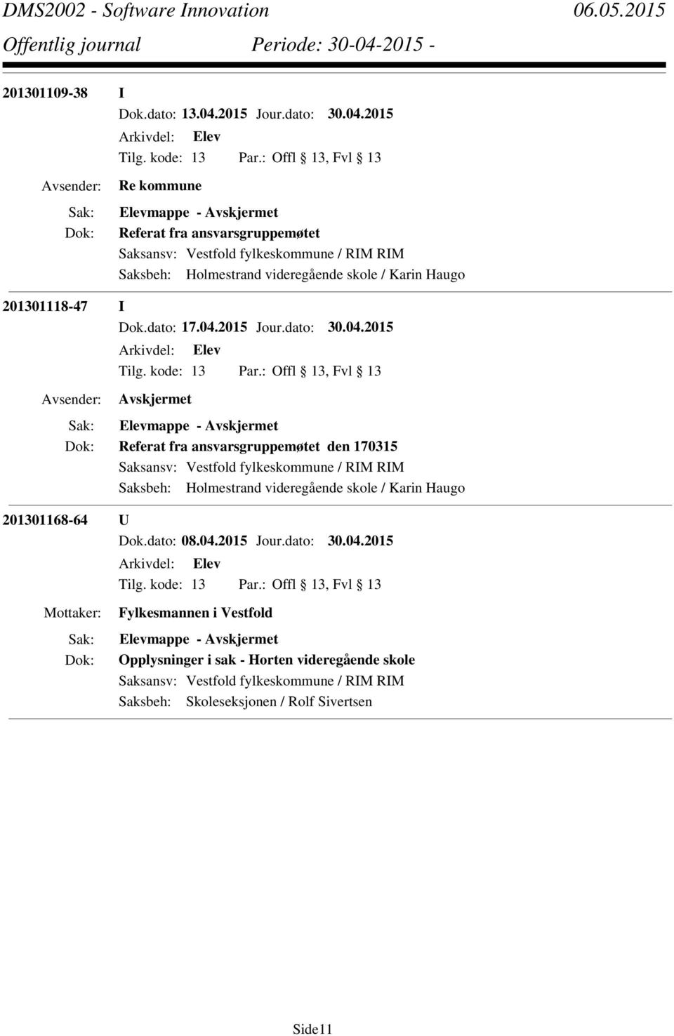 2015 Re kommune Elevmappe - Referat fra ansvarsgruppemøtet Saksbeh: Holmestrand videregående skole / Karin Haugo 201301118-47 I