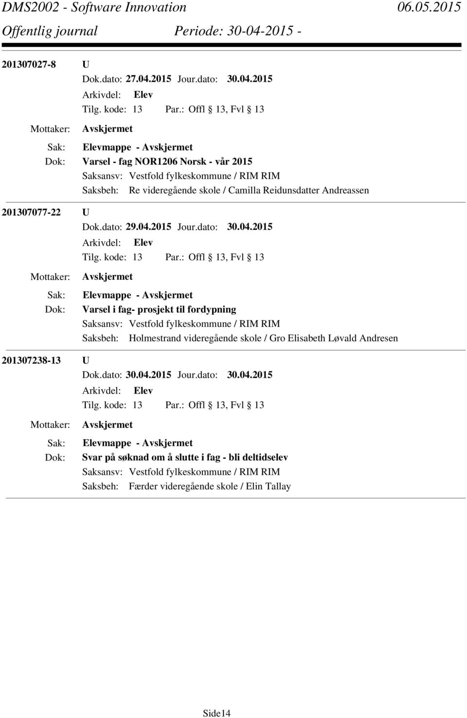 2015 Elevmappe - Varsel - fag NOR1206 Norsk - vår 2015 Saksbeh: Re videregående skole / Camilla Reidunsdatter Andreassen