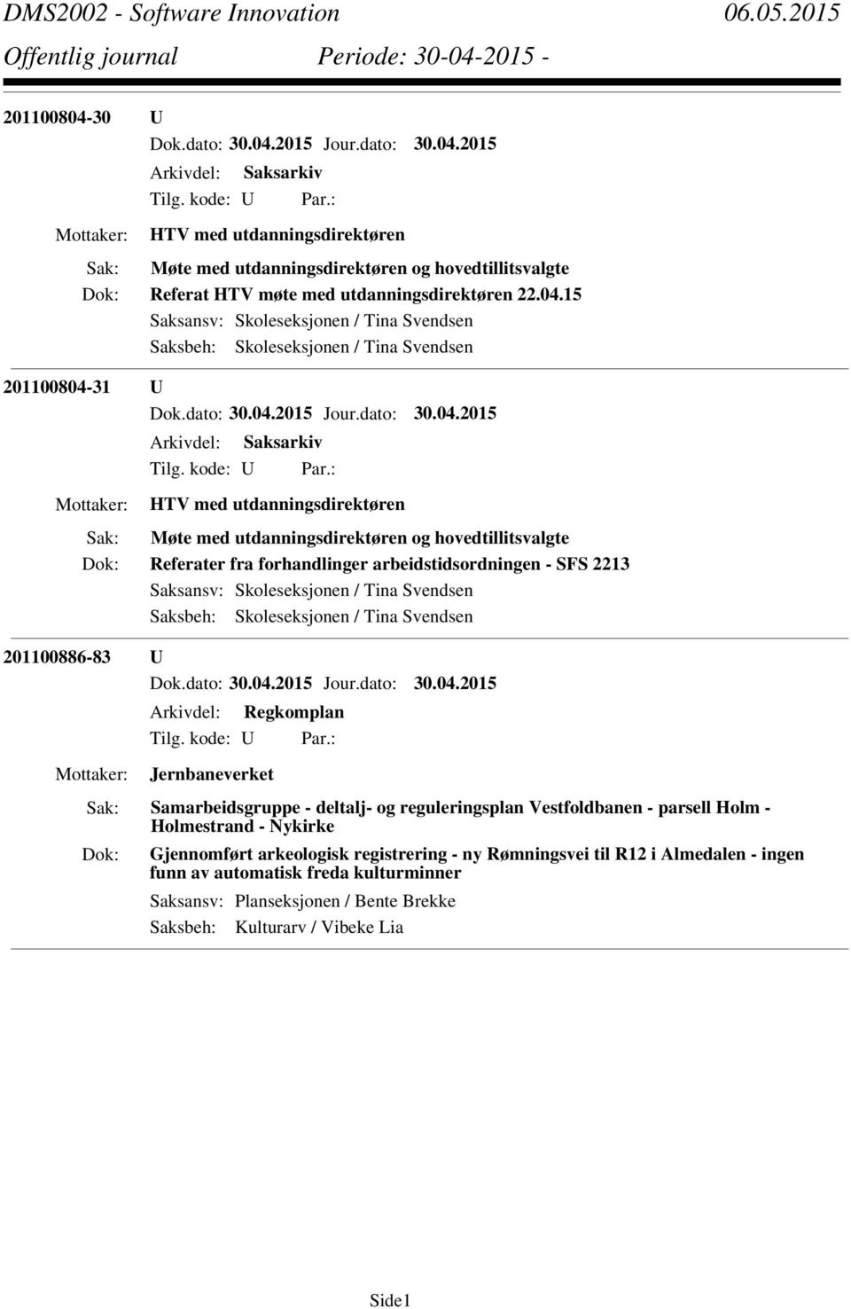 15 Saksansv: Skoleseksjonen / Tina Svendsen Saksbeh: Skoleseksjonen / Tina Svendsen 31 U HTV med utdanningsdirektøren Møte med utdanningsdirektøren og hovedtillitsvalgte Referater fra forhandlinger