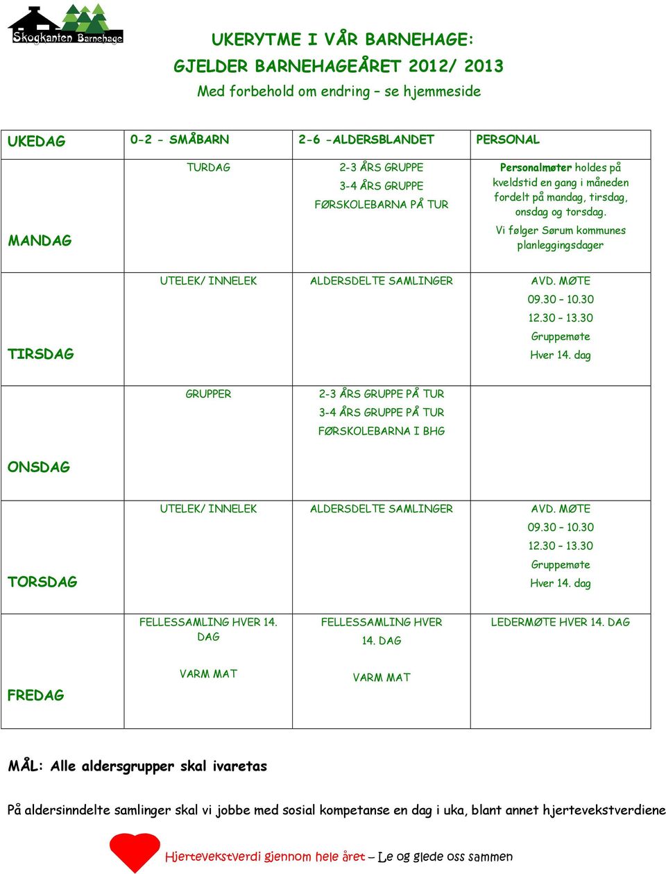 Vi følger Sørum kmmunes planleggingsdager TIRSDAG UTELEK/ INNELEK ALDERSDELTE SAMLINGER AVD. MØTE 09.30 10.30 12.30 13.30 Gruppemøte Hver 14.