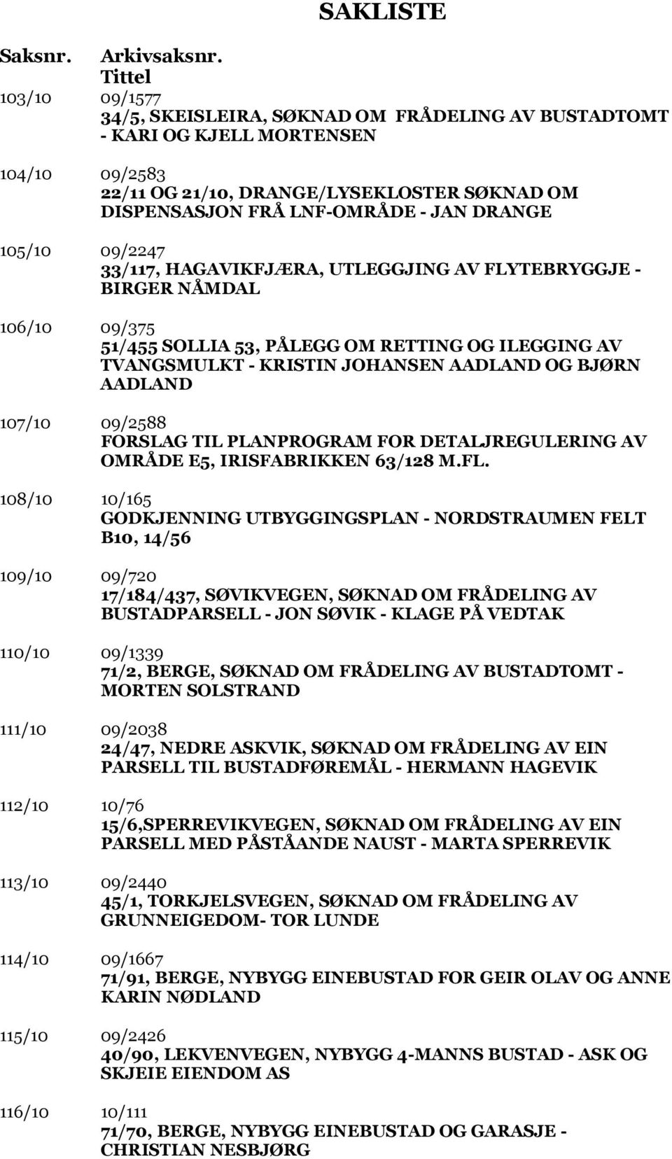 DRANGE 105/10 09/2247 33/117, HAGAVIKFJÆRA, UTLEGGJING AV FLYTEBRYGGJE - BIRGER NÅMDAL 106/10 09/375 51/455 SOLLIA 53, PÅLEGG OM RETTING OG ILEGGING AV TVANGSMULKT - KRISTIN JOHANSEN AADLAND OG BJØRN