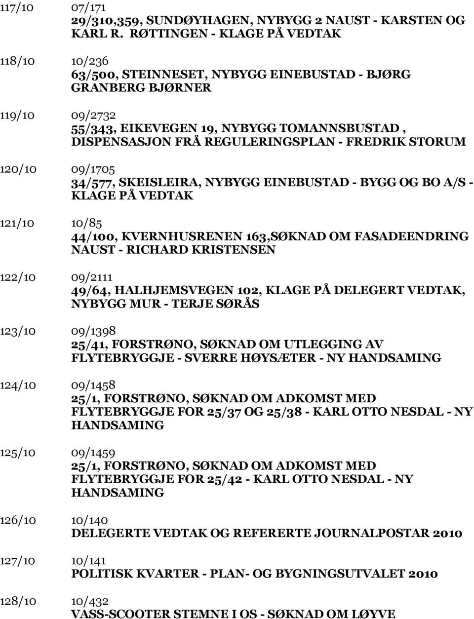 FREDRIK STORUM 120/10 09/1705 34/577, SKEISLEIRA, NYBYGG EINEBUSTAD - BYGG OG BO A/S - KLAGE PÅ VEDTAK 121/10 10/85 44/100, KVERNHUSRENEN 163,SØKNAD OM FASADEENDRING NAUST - RICHARD KRISTENSEN 122/10