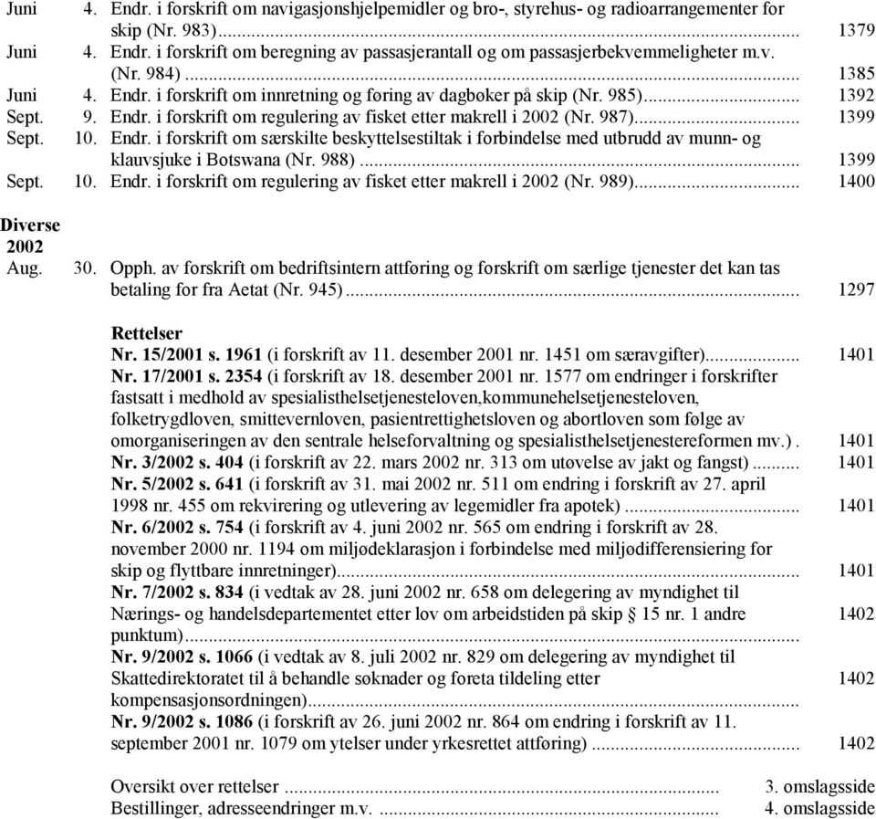 .. 1399 Sept. 10. Endr. i forskrift om særskilte beskyttelsestiltak i forbindelse med utbrudd av munn- og klauvsjuke i Botswana (Nr. 988)... 1399 Sept. 10. Endr. i forskrift om regulering av fisket etter makrell i 2002 (Nr.