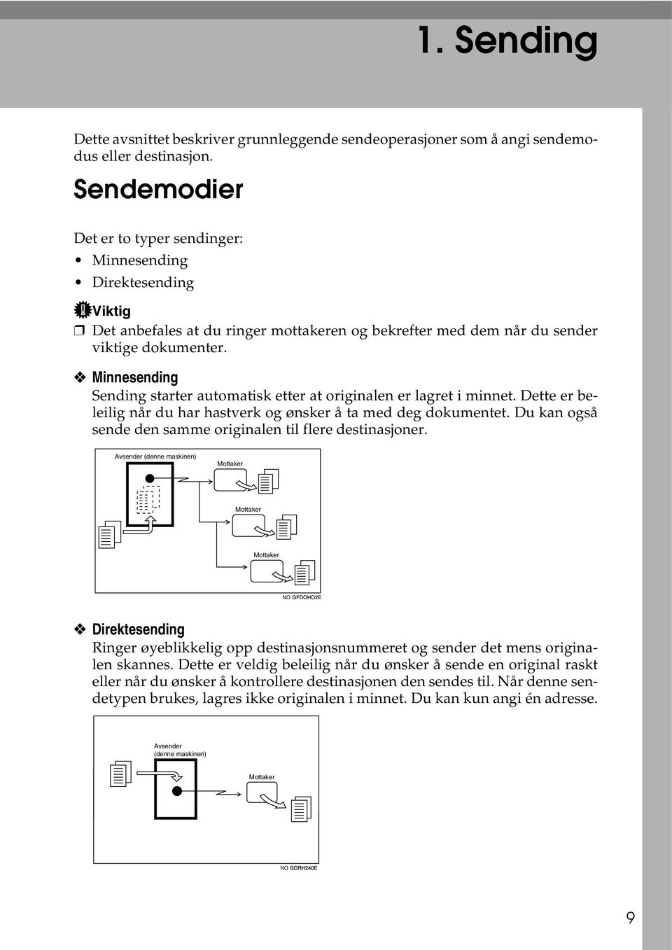 Minnesending Sending starter automatisk etter at originalen er lagret i minnet. Dette er beleilig når du har hastverk og ønsker å ta med deg dokumentet.