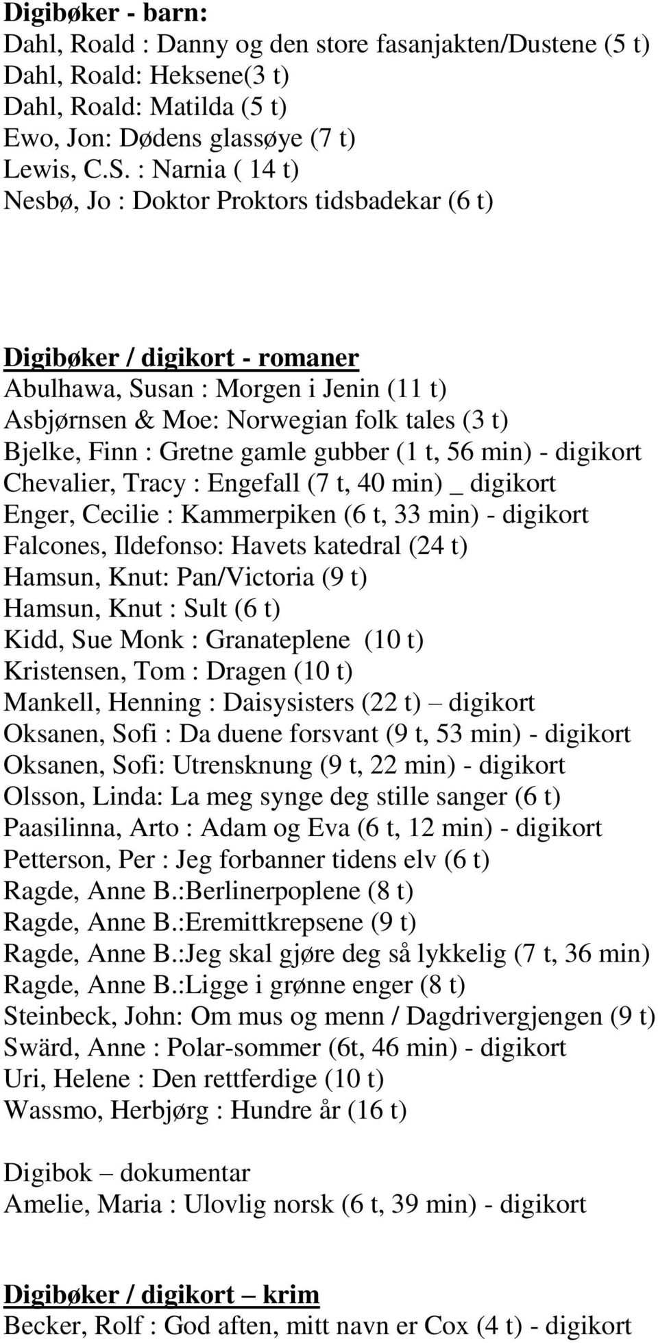 Gretne gamle gubber (1 t, 56 min) - digikort Chevalier, Tracy : Engefall (7 t, 40 min) _ digikort Enger, Cecilie : Kammerpiken (6 t, 33 min) - digikort Falcones, Ildefonso: Havets katedral (24 t)